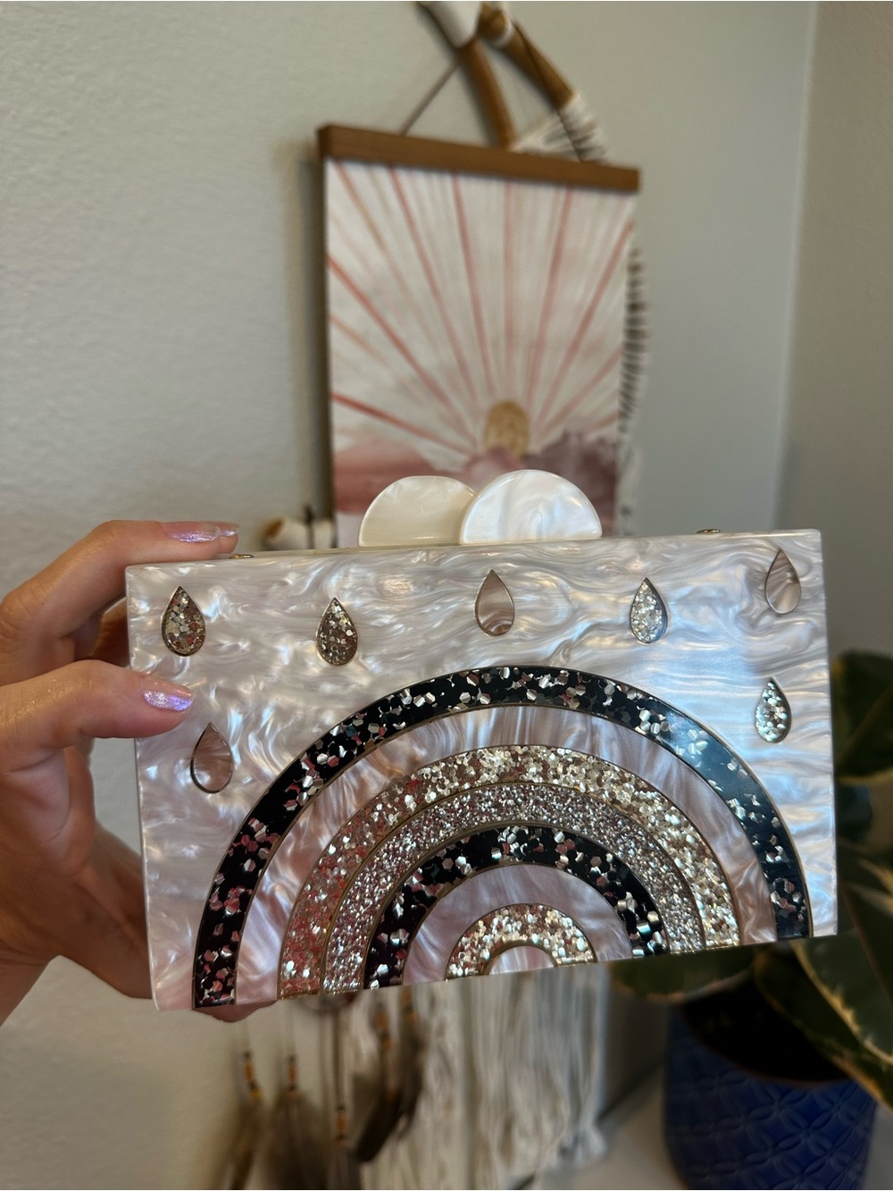 Elizabeth Sutton Rainbow Acrylic Clutch Purse STRONG Pearl Marble Gold Chain